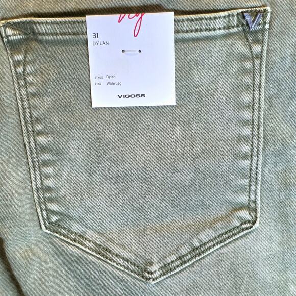 Vigoss Dylan Raw Edge Wide Leg Jean Sz 31 10 Olive Green Retro Boho 100% Cotton - Picture 7 of 13